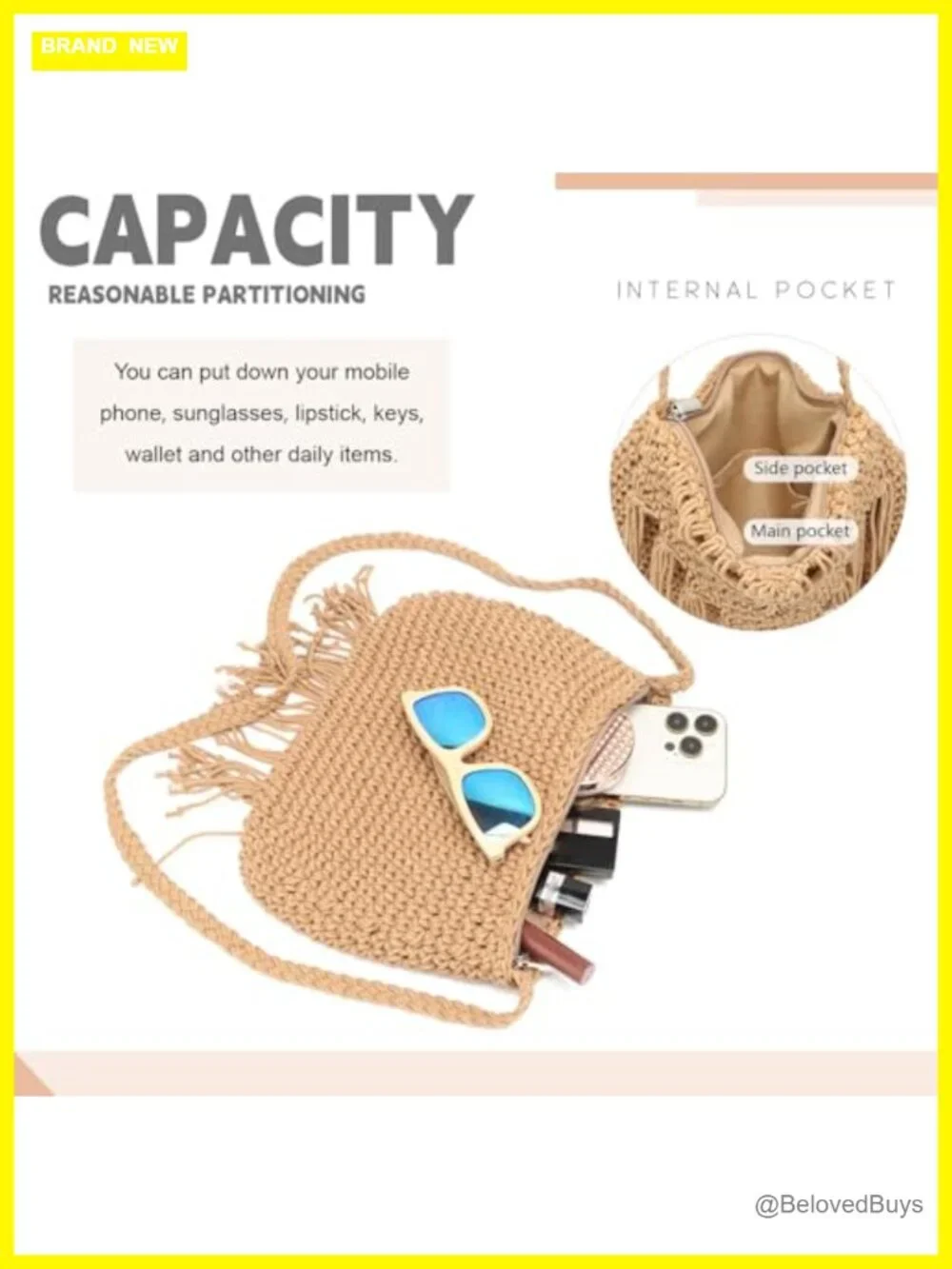 Handwoven Crochet Tassel Fringe Shoulder Bag with Zipper Closure